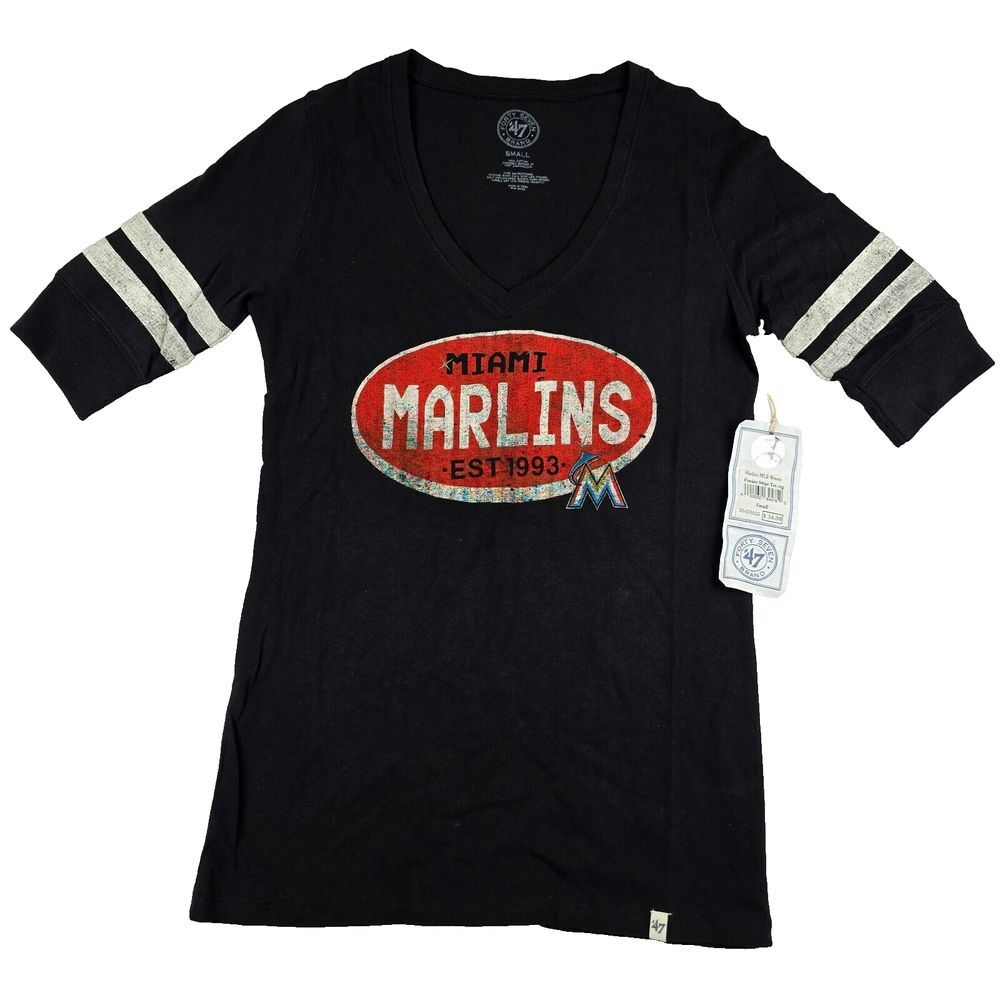 Miami Florida Marlins MLB 47 Brand‎ Women's Small T-Shirt Top Black Red New